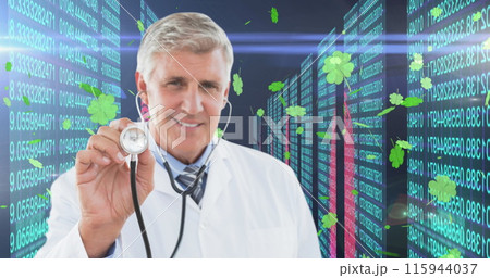 Image of data processing and clovers over caucasian male doctor Image of data processing and clovers over caucasian male doctor 115944037
