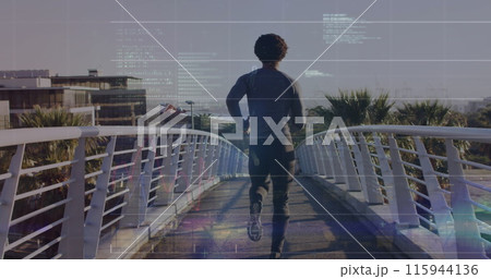 Image of computer language over rear view of african american man running on footbridge in city 115944136