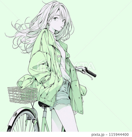 自転車に乗るストリートカジュアルの女性 115944400