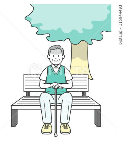 夏に木陰のベンチで休憩をする高齢男性のイラスト 115944493
