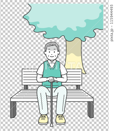夏に木陰のベンチで休憩をする高齢男性のイラスト 115944493