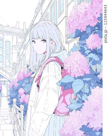 満開の紫陽花を見に来た少女 115944643