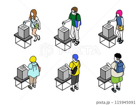 投票する人々　アイソメトリック人物6点セット 115945091