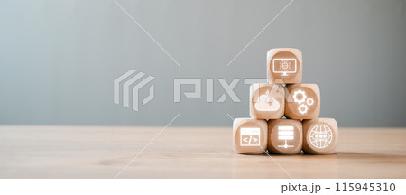 COBOL Programming Concept with Modern Technology Icons on Wooden Blocks - Cloud Computing, Data Storage, Coding, and Networking COBOL Programming Concept with Modern Technology Icons on Wooden Blocks - Cloud Computing, Data Storage, Coding, and Networking 115945310