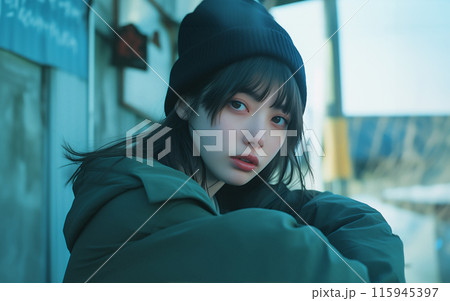 ニット帽姿のストリートファッション女子 ニット帽姿のストリートファッション女子 115945397