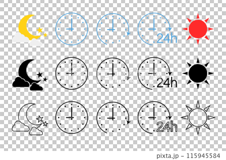 1日のサイクルを表した時計・太陽・月のアイコンセット 115945584
