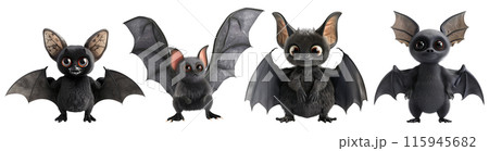 4 styles of cute black bats for Halloween theme. Set of isolated Halloween decorations on transparent background. 4 styles of cute black bats for Halloween theme. Set of isolated Halloween decorations on transparent background. 115945682