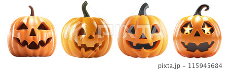 4 styles of Jack-o'-lantern pumpkin face for Halloween. Set of isolated Halloween decorations on transparent background. 115945684