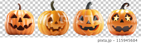 4 styles of Jack-o'-lantern pumpkin face for Halloween. Set of isolated Halloween decorations on transparent background. 115945684