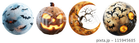 4 styles of the moon in Halloween theme. Set of isolated Halloween decorations on transparent background. 115945685
