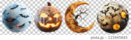 4 styles of the moon in Halloween theme. Set of isolated Halloween decorations on transparent background. 115945685