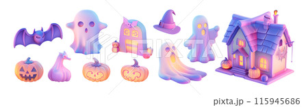 11 styles of models in Halloween theme, ghost, bat, haunted house and Jack-o'-lantern pumpkins in neon colors. Set of isolated Halloween decorations on transparent background. 11 styles of models in Halloween theme, ghost, bat, haunted house and Jack-o'-lantern pumpkins in neon colors. Set of isolated Halloween decorations on transparent background. 115945686