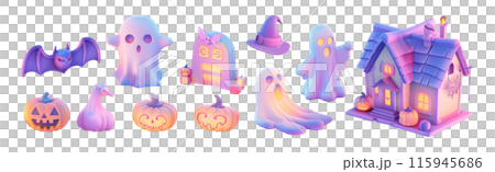11 styles of models in Halloween theme, ghost, bat, haunted house and Jack-o'-lantern pumpkins in neon colors. Set of isolated Halloween decorations on transparent background. 11 styles of models in Halloween theme, ghost, bat, haunted house and Jack-o'-lantern pumpkins in neon colors. Set of isolated Halloween decorations on transparent background. 115945686