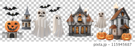 11 styles of models in Halloween theme, ghost, bat, haunted house and Jack-o'-lantern pumpkins. Set of isolated Halloween decorations on transparent background. 11 styles of models in Halloween theme, ghost, bat, haunted house and Jack-o'-lantern pumpkins. Set of isolated Halloween decorations on transparent background. 115945687