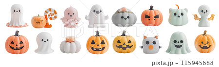 16 styles of cute dolls in Halloween theme, ghost and Jack-o'-lantern pumpkins. Set of isolated Halloween decorations on transparent background. 16 styles of cute dolls in Halloween theme, ghost and Jack-o'-lantern pumpkins. Set of isolated Halloween decorations on transparent background. 115945688