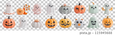 16 styles of cute dolls in Halloween theme, ghost and Jack-o'-lantern pumpkins. Set of isolated Halloween decorations on transparent background. 16 styles of cute dolls in Halloween theme, ghost and Jack-o'-lantern pumpkins. Set of isolated Halloween decorations on transparent background. 115945688