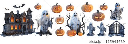 17 styles of models in Halloween theme, ghost, bat, haunted house and Jack-o'-lantern pumpkins in dark color tone. Set of isolated Halloween decorations on transparent background. 115945689
