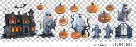 17 styles of models in Halloween theme, ghost, bat, haunted house and Jack-o'-lantern pumpkins in dark color tone. Set of isolated Halloween decorations on transparent background. 115945689