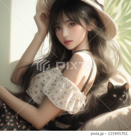 南国で黒猫と戯れる若い女性のイラスト素材 [115945701] - PIXTA