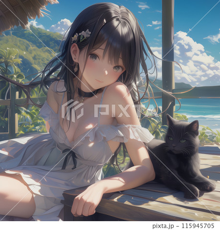 南国で黒猫と戯れる若い女性のイラスト素材 [115945705] - PIXTA