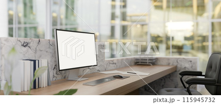 A computer mockup on a modern marble lobby reception counter. office reception, hotel lobby 115945732