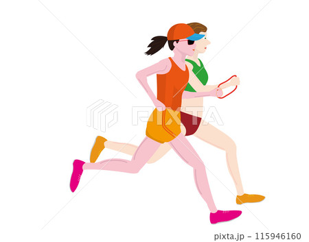 視覚障害者がマラソン大会を走っているイラスト素材です。ガイドランナーが伴走しています。 115946160