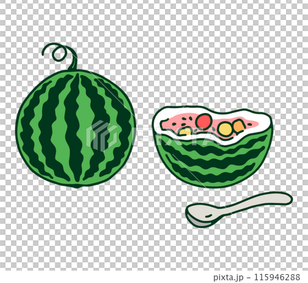 丸い西瓜と西瓜のフルーツポンチのカラーイラスト 115946288