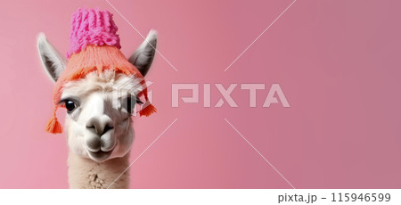 Little funny alpaca on pink background. 115946599