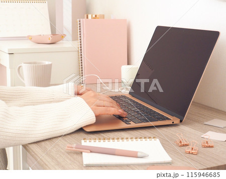 ノートパソコンを使う女性の手元、淡い木目の女性らしいインテリア 115946685