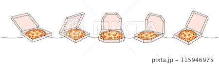 Traditional italian pizza in boxes one line colored continuous drawing. Traditional italian fast food continuous one line illustration. Traditional italian pizza in boxes one line colored continuous drawing. Traditional italian fast food continuous one line illustration. 115946975