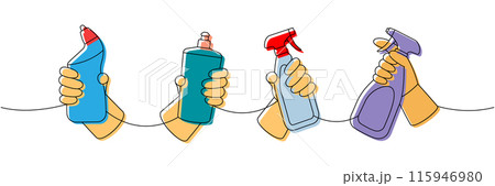 Hands with toilet cleaners one line colored continuous drawing. Cleaning service tools continuous one line illustration. Vector linear illustration. 115946980