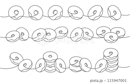 Glazed donut set. Delicious donuts one line continuous drawing. Bakery sweet pastry food. Vector linear illustration. Glazed donut set. Delicious donuts one line continuous drawing. Bakery sweet pastry food. Vector linear illustration. 115947001