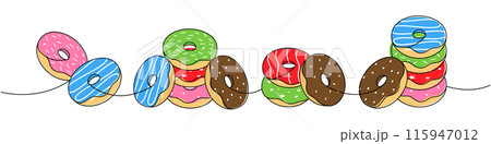 Delicious doughnuts. Take away donuts one line colored continuous drawing. Bakery sweet pastry food. Vector linear illustration. 115947012