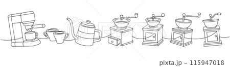 Coffee shop set one line continuous drawing. Coffee machine, espresso cups, gooseneck kettle, coffee grinders continuous one line illustration. Coffee shop set one line continuous drawing. Coffee machine, espresso cups, gooseneck kettle, coffee grinders continuous one line illustration. 115947018