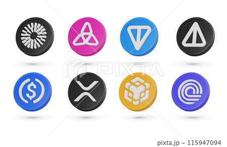 Set with different 3D vector crypto coins. Cryptocurrency symbols, 3D vector icons isolated on a white background. Toncoin, Notcoin, BNB, Mantle, USDC and others. 115947094