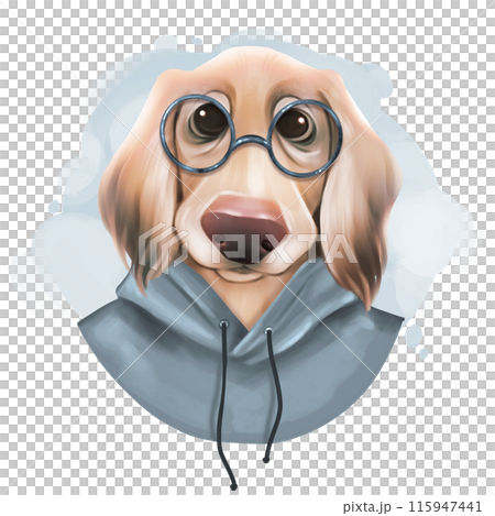 Cute dog illustration. Puppy in blue hoody and glasses. 115947441