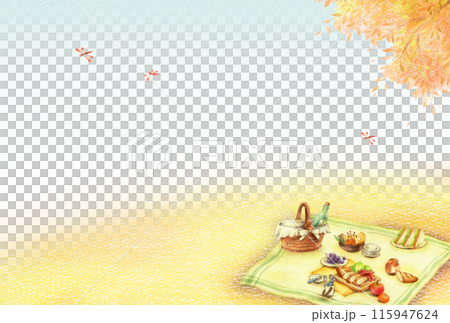 秋田背景與野餐午餐和藍天水平手繪彩色鉛筆圖 115947624
