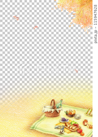 野餐午餐盒與秋田背景垂直手繪彩色鉛筆圖 野餐午餐盒與秋田背景垂直手繪彩色鉛筆圖 115947628