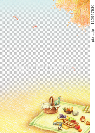 秋田背景，野餐午餐和藍天，垂直手繪彩色鉛筆圖 115947630