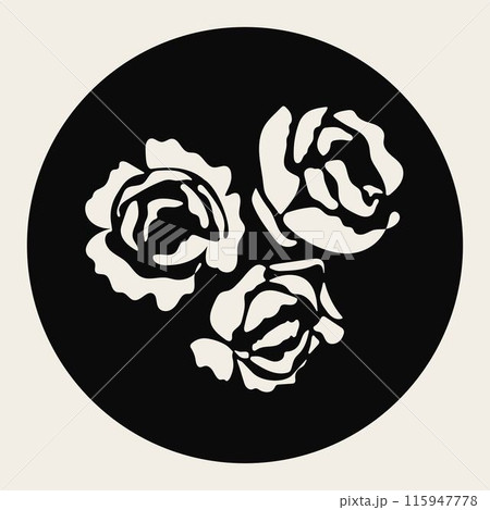 White silhouette of peonies flowers or roses isolated on a black background. 115947778