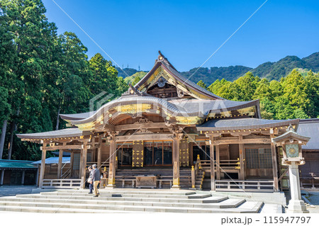 越後一宮 彌彦神社　御本殿・拝殿　三間社流造向拝付　弥彦山を背景に深い杜の境内 115947797
