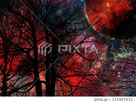 夜の森に浮かぶ赤い不気味な月 115947833