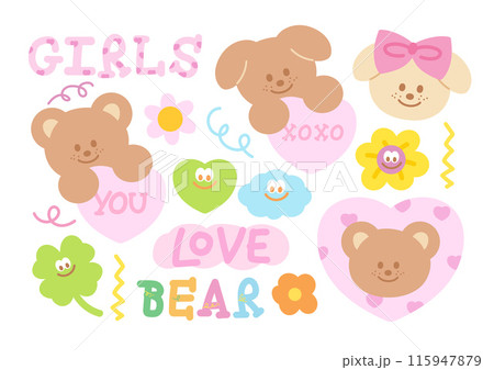 Pastel illustration of teddy bear, puppy, clover leaf, cloud, heart, flowers for animal print, vet, pet shop, zoo, cute patches, plush toy, doll, girls sticker, floral, summer, love sign, valentine Pastel illustration of teddy bear, puppy, clover leaf, cloud, heart, flowers for animal print, vet, pet shop, zoo, cute patches, plush toy, doll, girls sticker, floral, summer, love sign, valentine 115947879