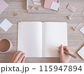 女性的な淡い色合いの可愛いノートとメモを取る女性の手 女性的な淡い色合いの可愛いノートとメモを取る女性の手 115947894