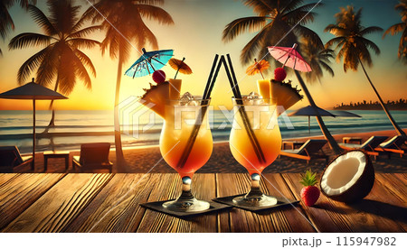 トロピカルカクテルと夕日のビーチ 115947982