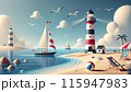 灯台とヨットの夏の風景 115947983