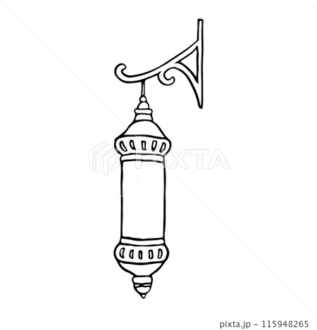 Arabic street lantern black and white line illustration. Moroccan Middle East lamp ink sketch for coloring pages. Traditional Islamic holiday decoration 115948265