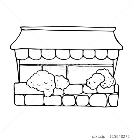 Line vintage Mediterranean balcony with canopy, plants and flowers black and white flat illustration. South Europe traditional architecture from old city. Hand drawn monochrome sketch Line vintage Mediterranean balcony with canopy, plants and flowers black and white flat illustration. South Europe traditional architecture from old city. Hand drawn monochrome sketch 115948273