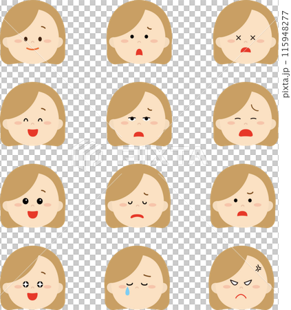 Illustration set of girls' faces with various expressions Illustration set of girls' faces with various expressions 115948277