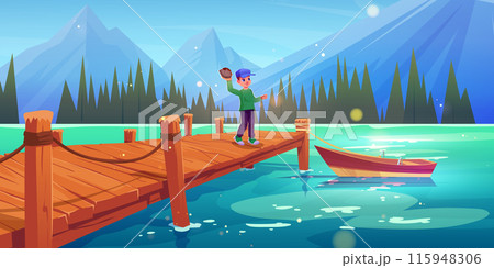Boy on wood lake dock throw stone in water vector Boy on wood lake dock throw stone in water vector 115948306